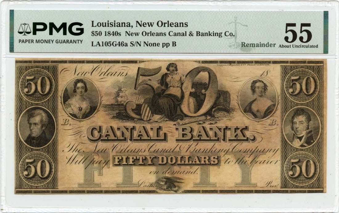 Canal Bank New Orleans Obsolete $50 Note PMG AU55 1840s (1 of 2)