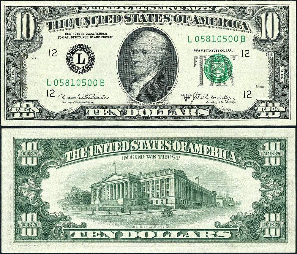 1969-B $10 Federal Reserve Note San Francisco L-B Block Choice Uncirculated (1 of 3)