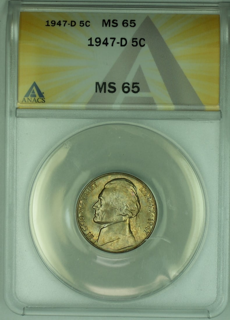1947-D ANACS MS 65 Jefferson Nickel 5C Uncirculated Toned Coin: 1947-D ANACS MS 65 Jefferson Nickel 5C Uncirculated Toned Coin This is a 1947-D Jefferson Nickel from the United States with a denomination of 5 cents. The coin is uncirculated and features a toned fi