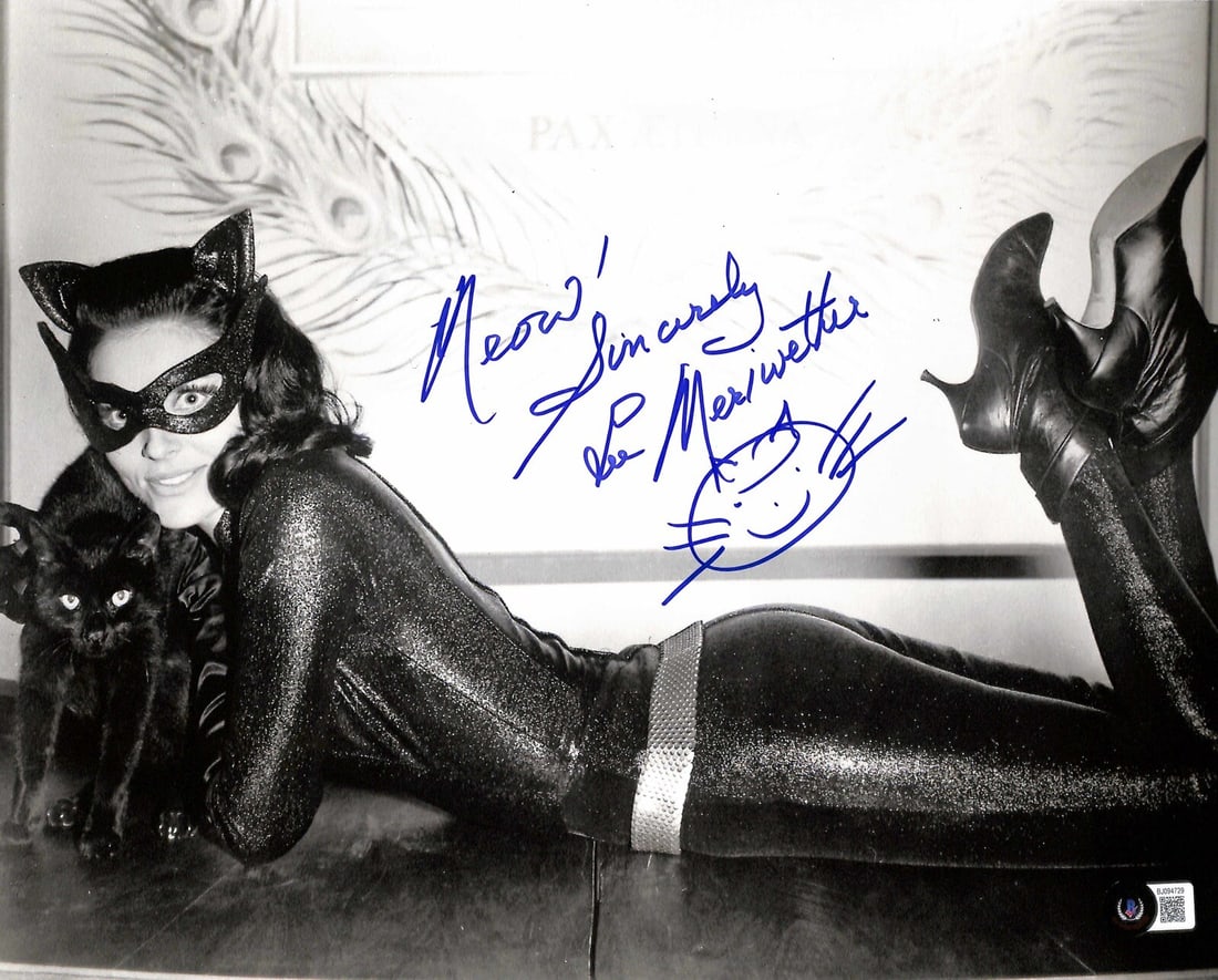 Lee Meriwether Signed Cat Woman 11x14 Photo Inscribed Meow Beckett Certified: Lee Meriwether Signed Cat Woman 11x14 Photo Inscribed Meow Beckett Certified This is an original autographed 11x14 photograph of actress Lee Meriwether, famously known for her role as "Cat Woman". The