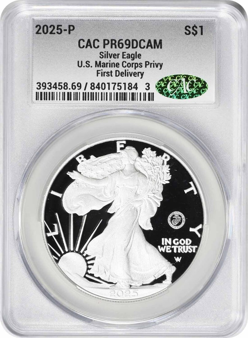 CACG PR69 2025 American Eagle 1 oz Silver Proof Marine Corps 250th Anniversary Coin: CACG PR69 2025 American Eagle 1 oz Silver Proof Marine Corps 250th Anniversary Coin This is a 2025 American Silver Eagle coin featuring the US Marine Corps privy mark, commemorating the 250th annivers