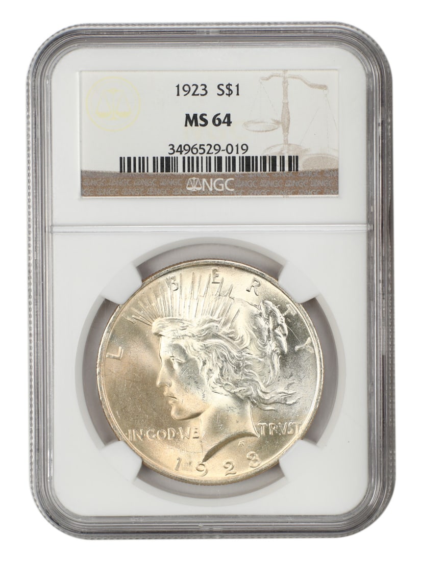1923 Peace Silver Dollar NGC Certified MS64 Philadelphia Mint: 1923 Peace Silver Dollar NGC Certified MS64 Philadelphia Mint This 1923 Peace Dollar is graded MS64 by NGC and is uncirculated. Struck at the Philadelphia Mint, this pre-owned silver dollar is part of