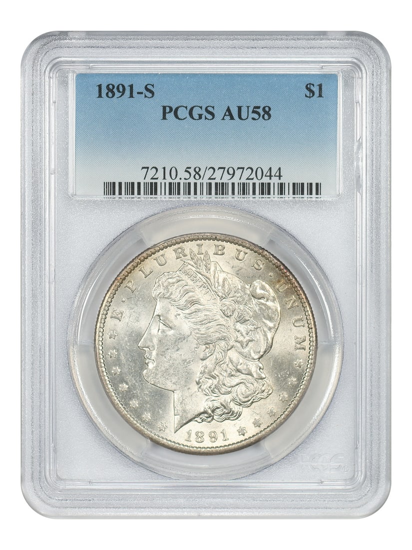 PCGS AU58 Morgan Silver Dollar 1891 San Francisco Mint: PCGS AU58 Morgan Silver Dollar 1891 San Francisco Mint This is an 1891-S Morgan Dollar graded AU58 by PCGS. Minted in San Francisco, this pre-owned $1 coin is part of the Morgan Dollar series and feat