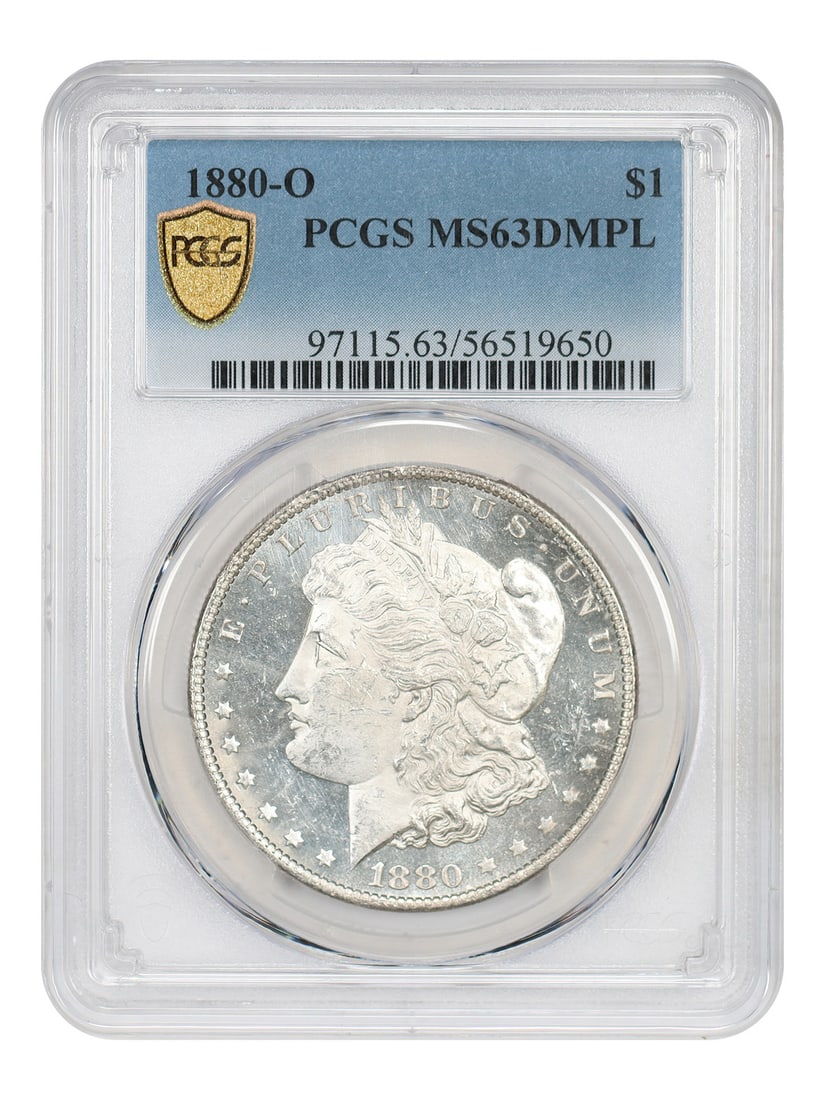 PCGS MS63DMPL 1880-O Morgan Silver Dollar Uncirculated New Orleans Mint: PCGS MS63DMPL 1880-O Morgan Silver Dollar Uncirculated New Orleans Mint This 1880-O Morgan Dollar is graded MS63DMPL by PCGS, indicating a Mint State coin with deep mirror prooflike surfaces. Struck a