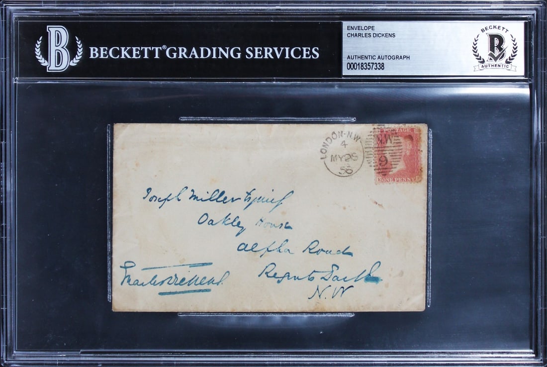 Charles Dickens Signed 1858 Handwritten Envelope BAS Authenticated: Charles Dickens Signed 1858 Handwritten Envelope BAS Authenticated This authentic handwritten envelope, measuring 5.25" x 3", is a remarkable piece of literary history personally signed by Charles Dic