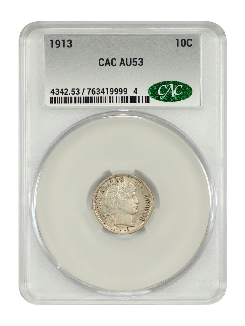 1913 Barber Dime CACG AU53 Certified Coin: 1913 Barber Dime CACG AU53 Certified Coin This 1913 Barber Dime, graded AU53 by CACG, is a notable addition to any collection. Minted in Philadelphia, this coin features a denomination of 10 cents and