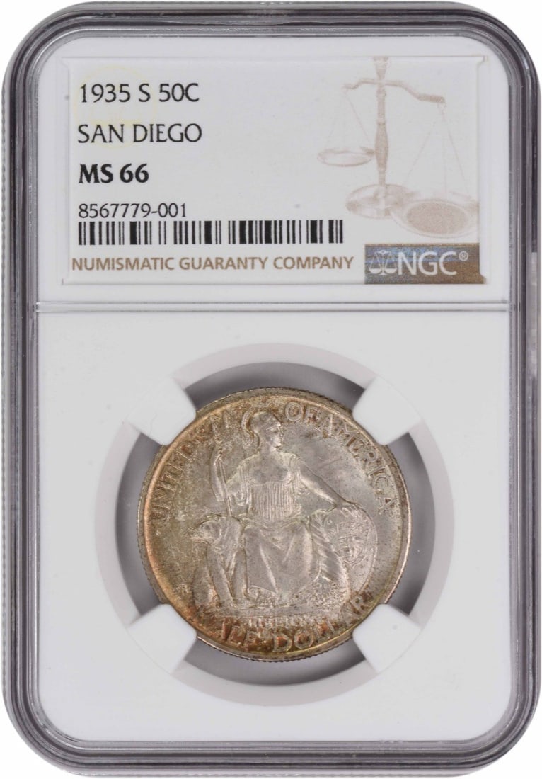 1935-S San Diego Commemorative Silver Half Dollar MS66 NGC: 1935-S San Diego Commemorative Silver Half Dollar MS66 NGC This 1935 San Diego Commemorative Silver Half Dollar is a stunning piece of American numismatic history, graded MS66 by NGC, ensuring its exc