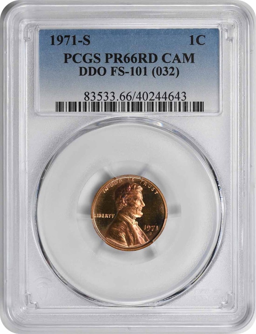 1971-S Lincoln Cent DDO FS-101 PR66RD CAM PCGS Uncirculated Proof: 1971-S Lincoln Cent DDO FS-101 PR66RD CAM PCGS Uncirculated Proof This 1971-S Lincoln Cent is a stunning example of a double die obverse (DDO) coin, certified by PCGS with a grade of PR66RD CAM. Struc