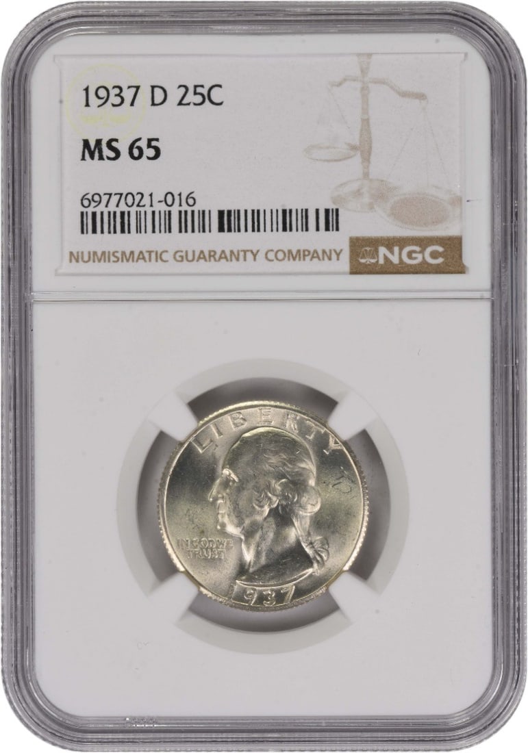 NGC MS65 1937 Denver Mint Washington 90 Percent Silver Quarter: NGC MS65 1937 Denver Mint Washington 90 Percent Silver Quarter This 1937-D Washington Quarter is certified MS65 by NGC. Struck at the Denver Mint, the coin is composed of 90% silver and 10% copper. De