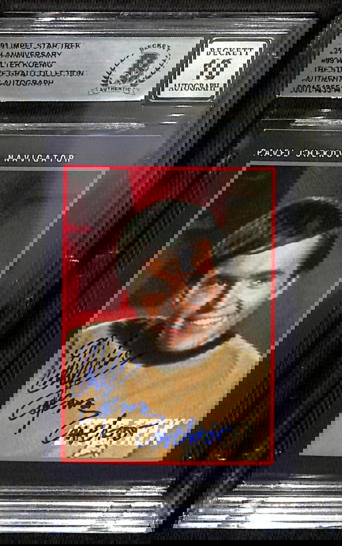 Walter Koenig Signed 1991 Impel Star Trek Chekov Card Auto 10 Beckett: Walter Koenig Signed 1991 Impel Star Trek Chekov Card Auto 10 Beckett This autographed 1991 Impel Star Trek 25th Anniversary trading card features the signature of Walter Koenig, who portrayed Pavel C