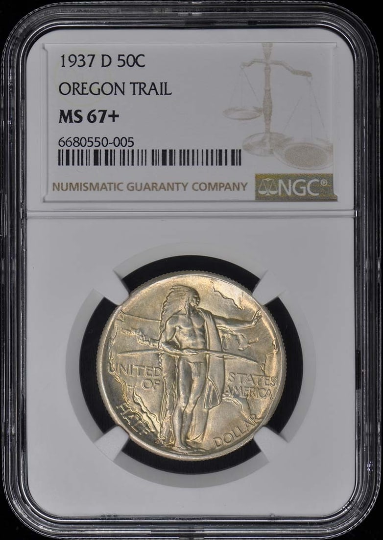 1937-D Oregon Silver 50 Cent NGC MS67 Plus Commemorative Coin: 1937-D Oregon Silver 50 Cent NGC MS67 Plus Commemorative Coin This is a 1937-D Oregon silver commemorative half dollar graded MS67+ by NGC. The coin is uncirculated and was minted in Denver. It is a p