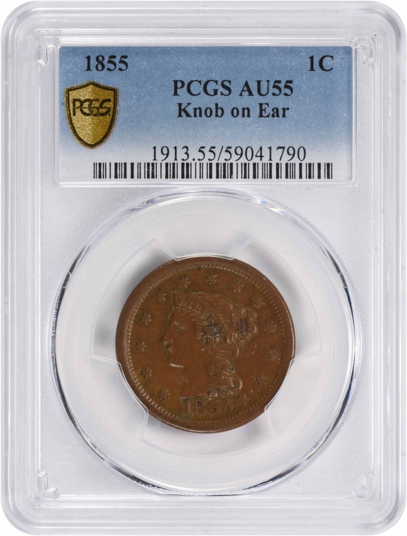 1855 Braided Hair Large Cent AU55 PCGS Certified Copper: 1855 Braided Hair Large Cent AU55 PCGS Certified Copper This is an 1855 Large Cent featuring the Braided Hair design, graded AU55 by PCGS. The coin was minted in Philadelphia and is composed of copper