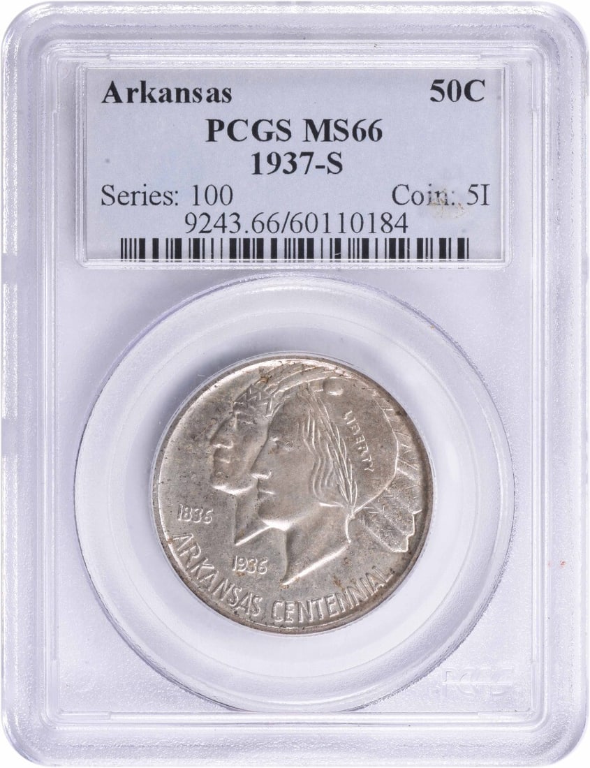 1937-S Arkansas Commemorative Silver Half Dollar MS66 PCGS 90% Silver: 1937-S Arkansas Commemorative Silver Half Dollar MS66 PCGS 90% Silver This Arkansas Commemorative Silver Half Dollar, minted in 1937 at the San Francisco Mint, is graded MS66 by PCGS, ensuring its exc
