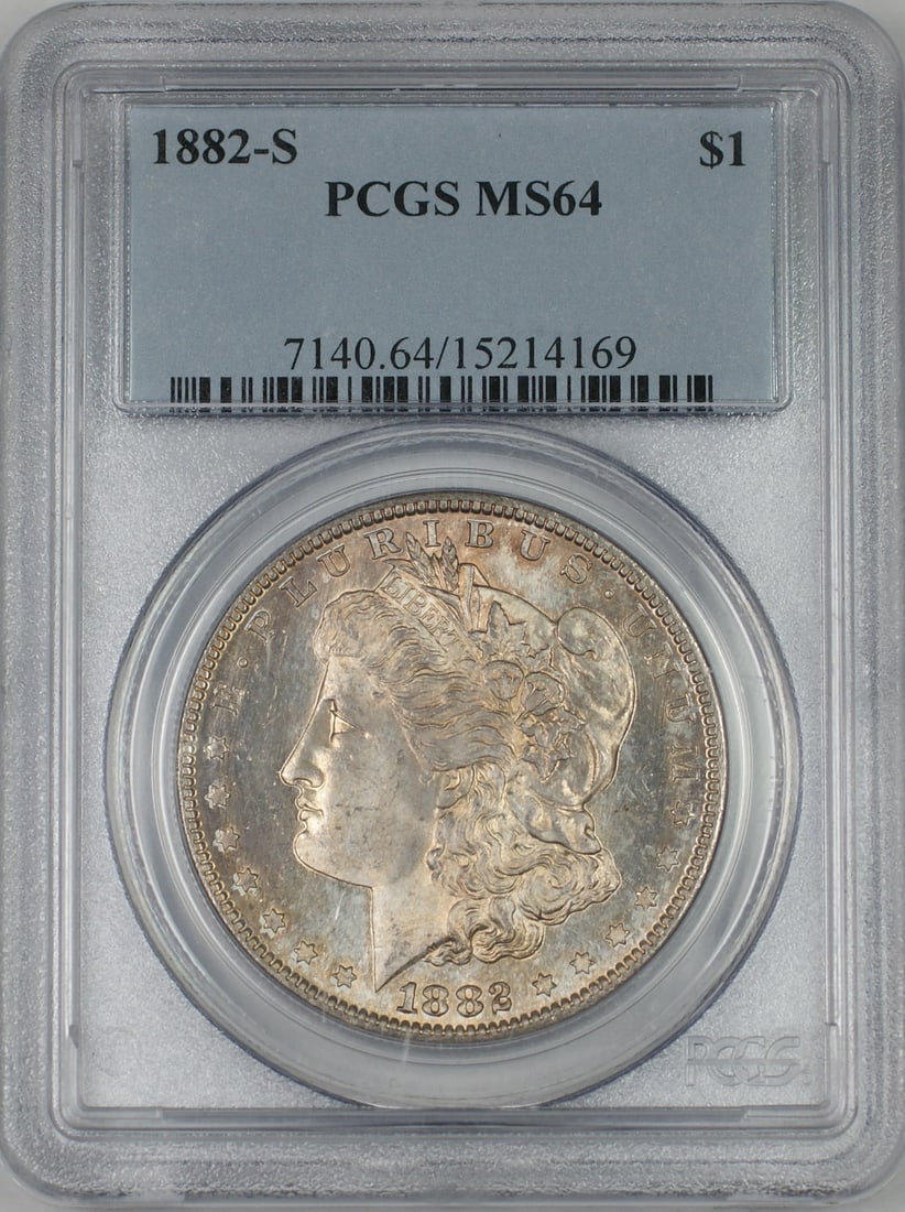 PCGS MS64 1882-S Morgan Dollar Silver Toned San Francisco Mint Uncirculated: PCGS MS64 1882-S Morgan Dollar Silver Toned San Francisco Mint Uncirculated This is an 1882-S Morgan Silver Dollar $1 coin from the United States, certified by PCGS with a grade of MS 64. The coin is