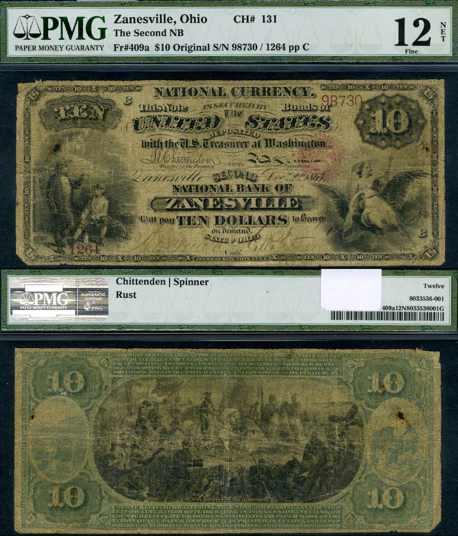 1865 Zanesville OH $10 National Bank Note PMG Fine12 NET Rare: 1865 Zanesville OH $10 National Bank Note PMG Fine12 NET Rare This is a rare 1865 National Bank Note from Zanesville, OH, with a denomination of $10. Certified by PMG as Fine12 NET, this note is the o