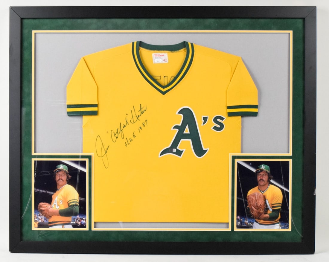 Jim Catfish Hunter Signed 1970s Oakland A's Jersey with JSA COA: Jim Catfish Hunter Signed 1970s Oakland A's Jersey with JSA COA Celebrate the legacy of baseball legend Jim "Catfish" Hunter with this authentic 1970's Oakland Athletics game model jersey. This signed