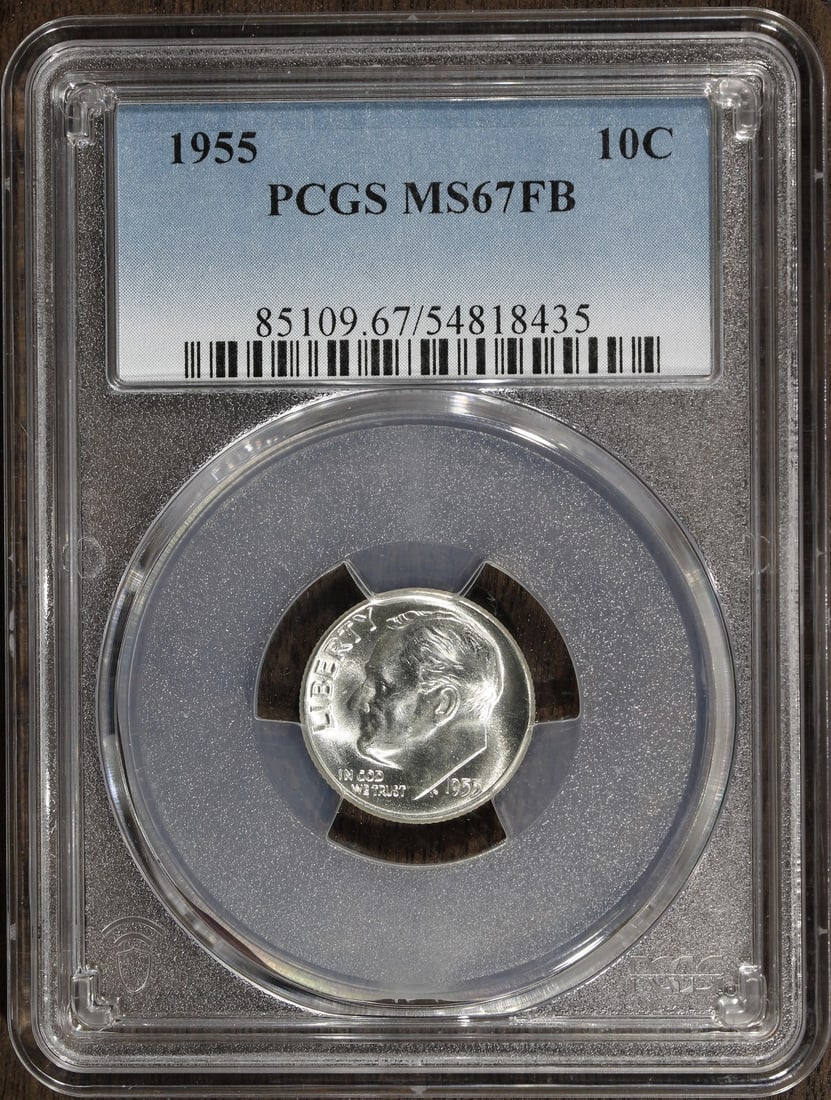 1955 Roosevelt Silver Dime MS67FB PCGS Uncirculated 10C: 1955 Roosevelt Silver Dime MS67FB PCGS Uncirculated 10C This 1955 Roosevelt Silver Dime is graded MS67FB by PCGS, indicating a high-quality uncirculated condition. Minted in Philadelphia, this coin fe