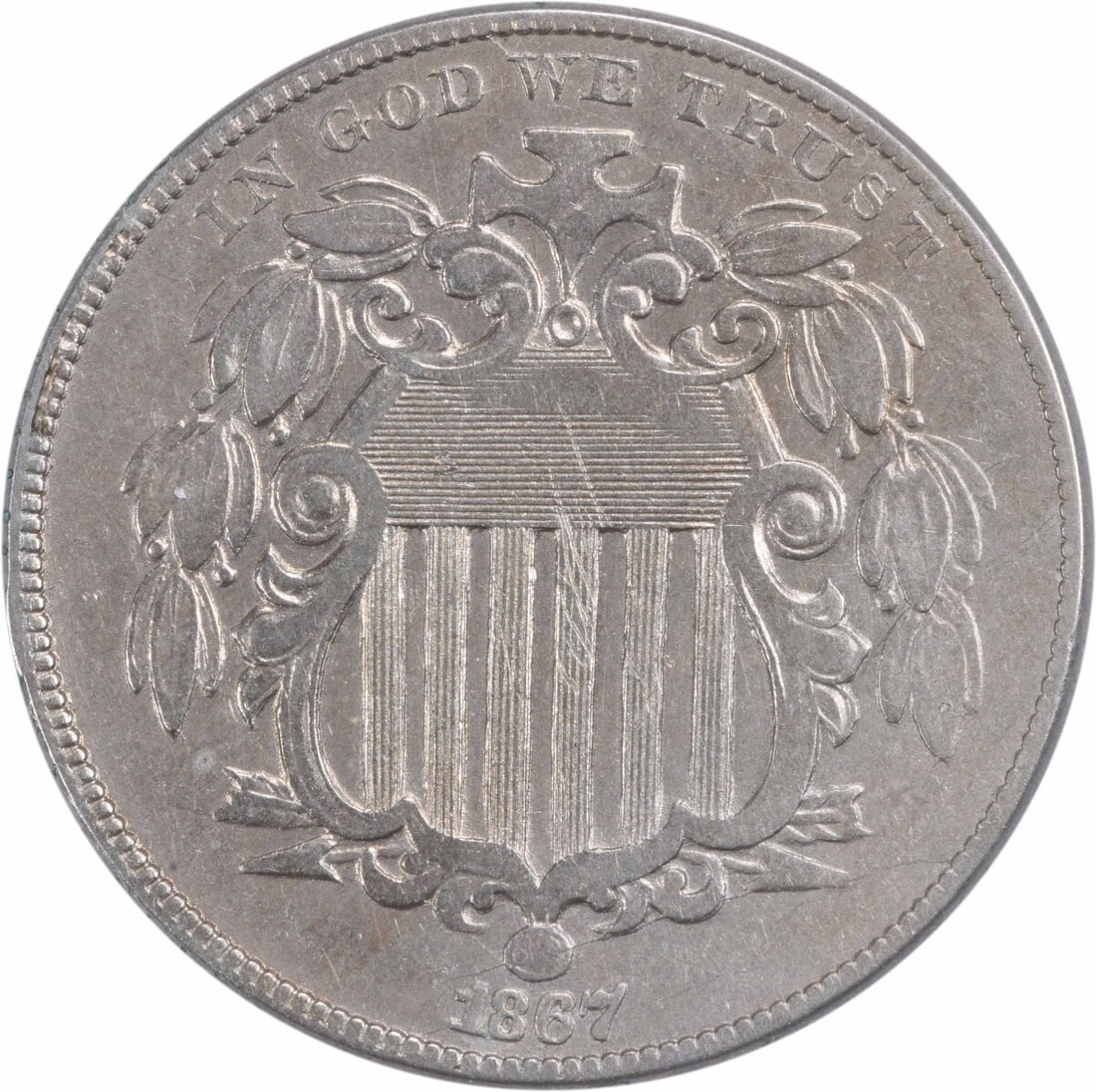 1867 Shield Nickel 5C XF Uncertified Philadelphia Mint: 1867 Shield Nickel 5C XF Uncertified Philadelphia Mint This 1867 Shield Nickel, featuring the renowned design by James Barton Longacre, is an excellent addition to any numismatic collection. It is an