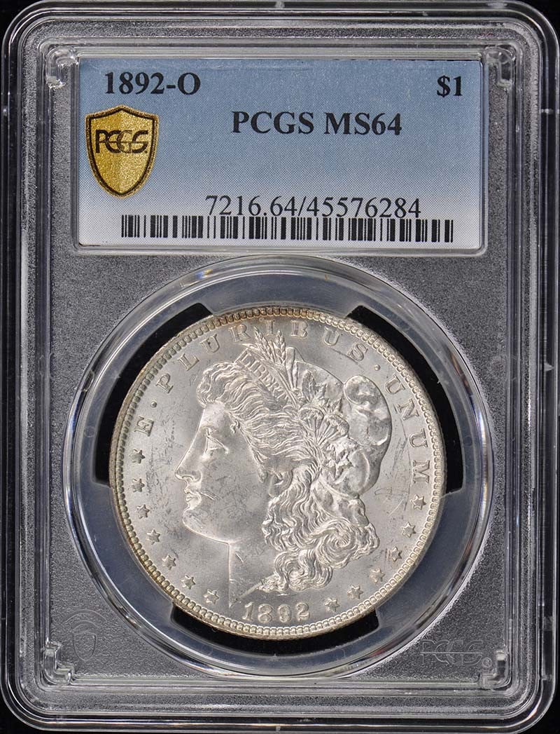 1892-O Morgan Dollar PCGS MS64 Uncirculated New Orleans Coin: 1892-O Morgan Dollar PCGS MS64 Uncirculated New Orleans Coin This stunning 1892-O Morgan Dollar is certified by PCGS with a grade of MS64, indicating its exceptional quality and uncirculated condition