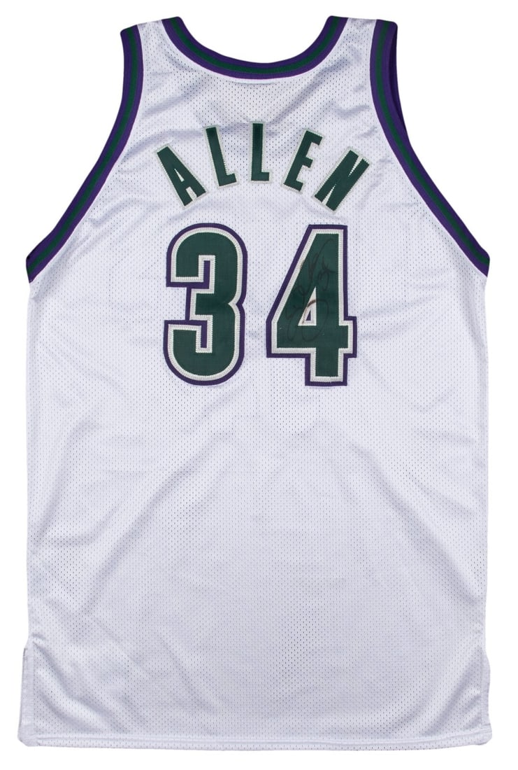Ray Allen Signed 1999-2000 Milwaukee Bucks Game Issued Jersey PSA MEARS LOA: Ray Allen Signed 1999-2000 Milwaukee Bucks Game Issued Jersey PSA MEARS LOA This is a game-used, team-issued Milwaukee Bucks jersey signed by NBA legend Ray Allen. The jersey dates back to the 1999-20