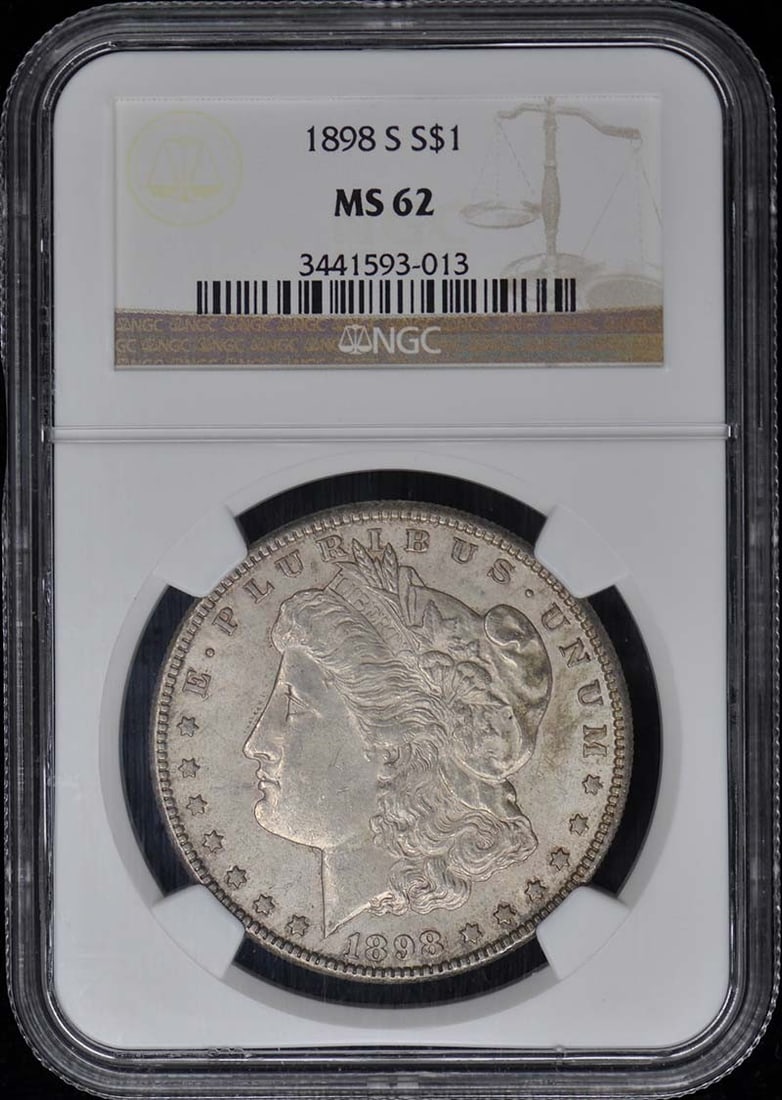 NGC MS62 1898 San Francisco Morgan Silver Dollar: NGC MS62 1898 San Francisco Morgan Silver Dollar This is an 1898-S Morgan Dollar graded MS62 by NGC. The coin is uncirculated and was minted in San Francisco. It is a pre-owned collectible from the Un