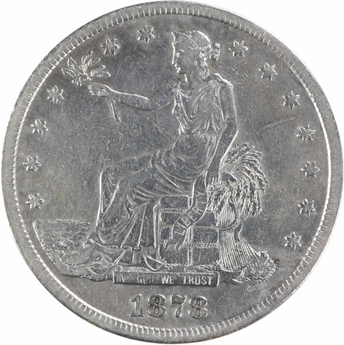 1878 San Francisco Trade Dollar VF 90 Percent Silver Uncertified US Coin: 1878 San Francisco Trade Dollar VF 90 Percent Silver Uncertified US Coin This 1878-S Trade Dollar is a circulated coin minted in San Francisco. Struck in 90% silver and 10% copper, it features the des