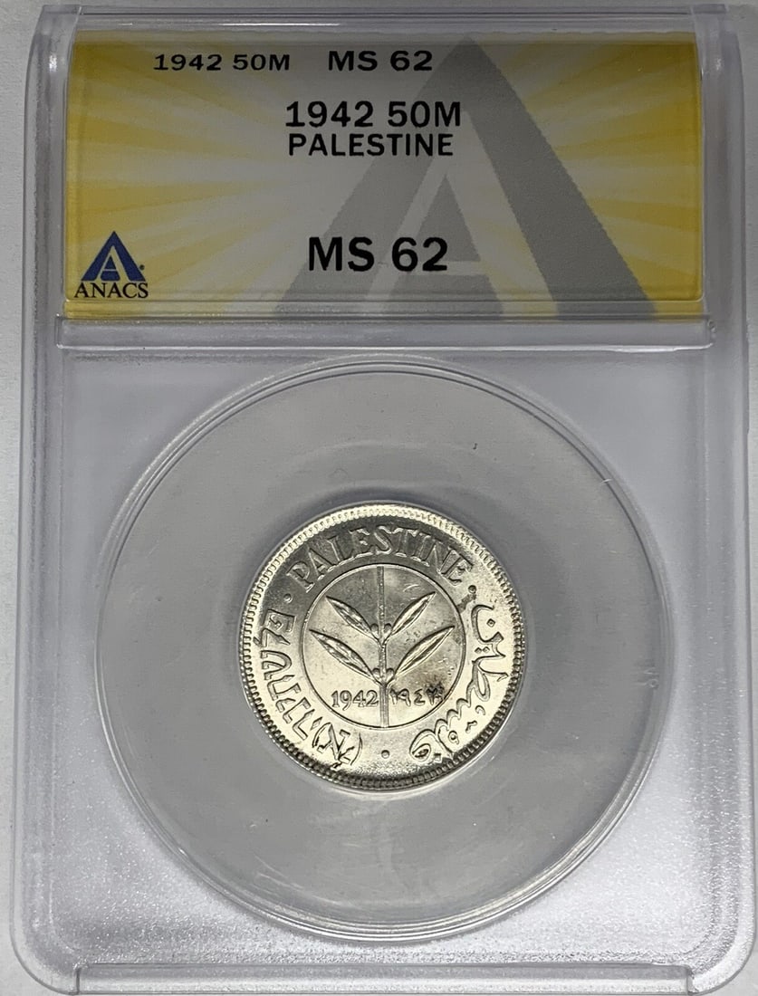 ANACS MS 62 Certified 1942 Palestine 50 Mils Coin: ANACS MS 62 Certified 1942 Palestine 50 Mils Coin This is a 1942 Palestine 50 Mils coin, graded MS 62 by ANACS. It features the denomination of 50 Mils and originates from Palestine. The coin is pre-o