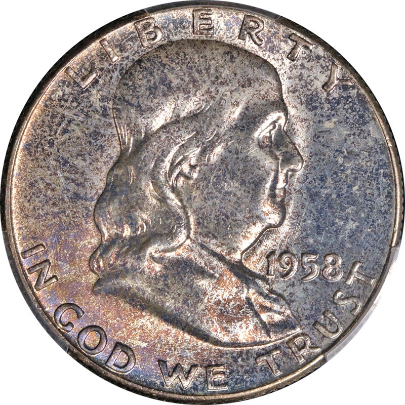 PCGS MS66 FBL 1958 Philadelphia Franklin Silver Half Dollar: PCGS MS66 FBL 1958 Philadelphia Franklin Silver Half Dollar This stunning 1958-P Franklin Half Dollar is certified by PCGS with a grade of MS66 FBL, showcasing exceptional eye appeal and strong strike