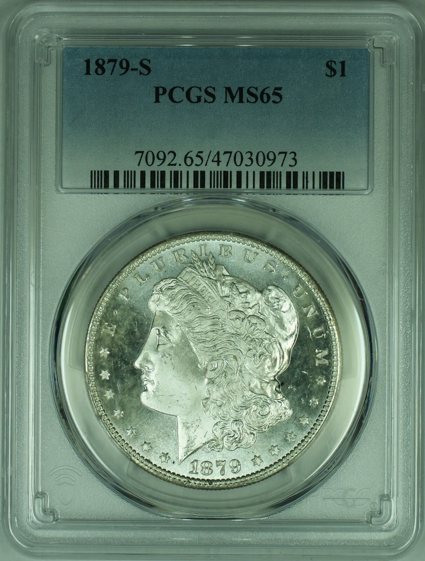 PCGS MS-65 1879-S Morgan Dollar Semi Prooflike San Francisco Mint Silver Coin: PCGS MS-65 1879-S Morgan Dollar Semi Prooflike San Francisco Mint Silver Coin This 1879-S Morgan Silver Dollar features semi proof-like surfaces and is graded MS-65 by PCGS. The coin is composed of 0.
