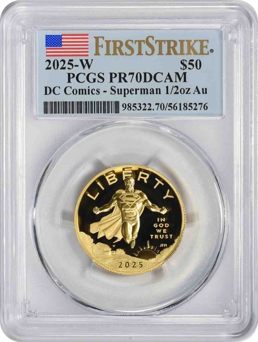 Superman 2025-W Fifty Dollar Proof Gold Coin PCGS PR70DCAM First Strike: Superman 2025-W Fifty Dollar Proof Gold Coin PCGS PR70DCAM First Strike This is a 2025-W $50 DC Comics Superman 1/2 oz gold coin graded PR70DCAM First Strike by PCGS. The coin is uncirculated, feature