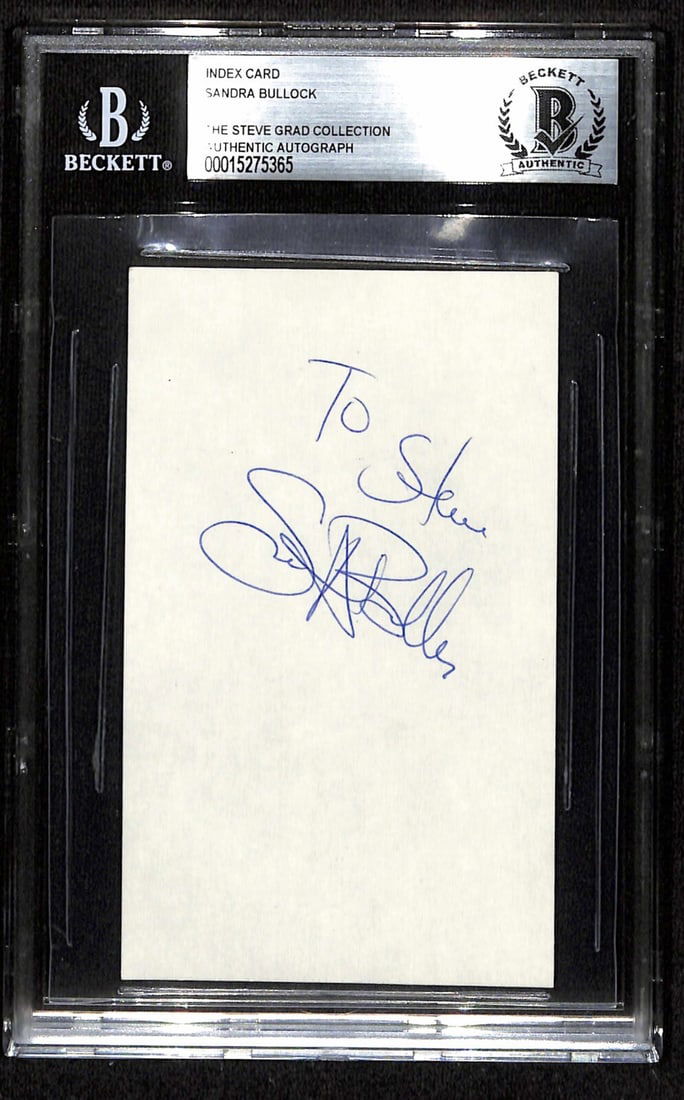 Sandra Bullock Autographed 3x5 Index Card Beckett Authenticated: Sandra Bullock Autographed 3x5 Index Card Beckett Authenticated This 3x5 index card features an authentic autograph from Academy Award-winning actress Sandra Bullock, signed in blue ballpoint pen. The
