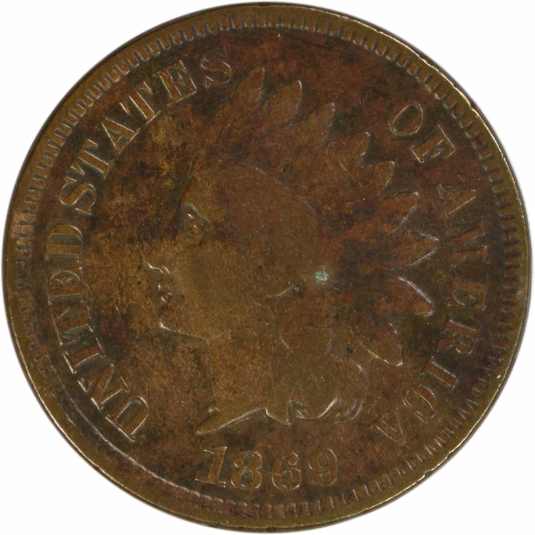 1869 Indian Head Small Cent VG Grade Philadelphia Mint Uncertified: 1869 Indian Head Small Cent VG Grade Philadelphia Mint Uncertified This 1869 Indian Head Cent is a circulated coin from the Philadelphia Mint, designed by James Barton Longacre. Graded as VG (Very Goo