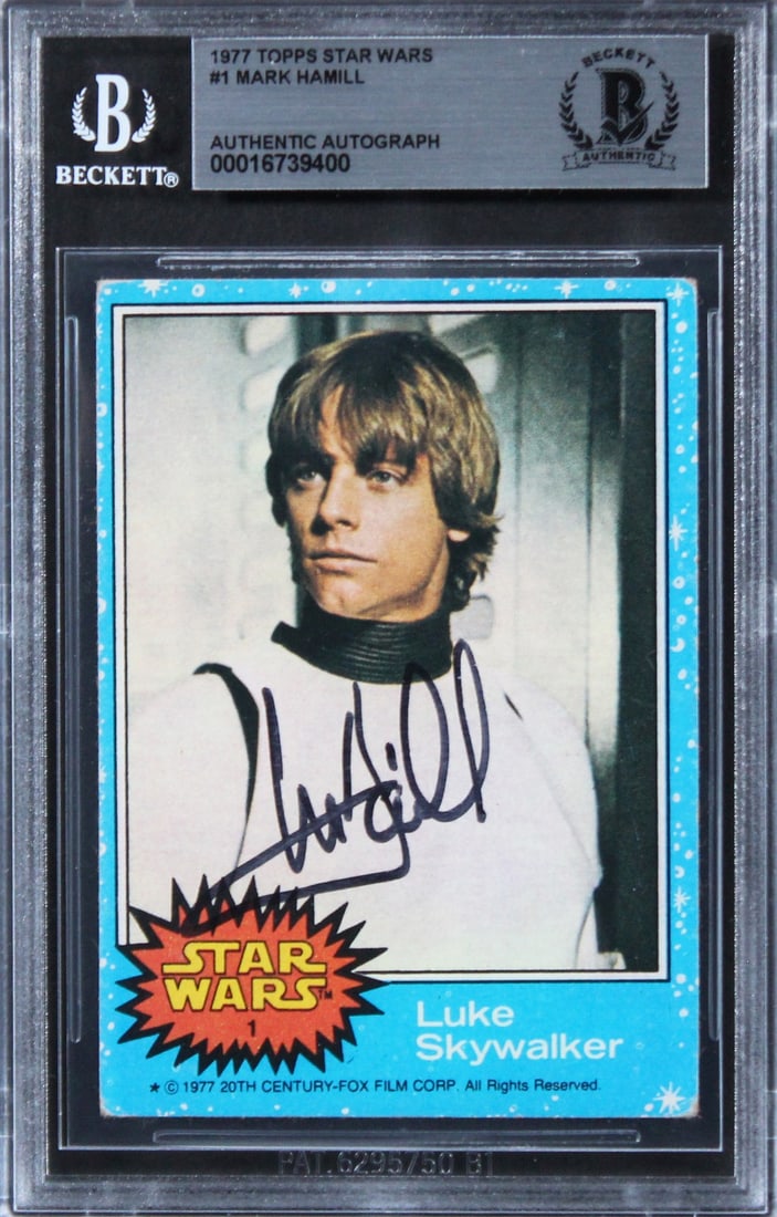 Mark Hamill Signed 1977 Star Wars #1 Card Beckett Authenticated: Mark Hamill Signed 1977 Star Wars #1 Card Beckett Authenticated This authentic signed 1977 Star Wars #1 card features the iconic Mark Hamill, known for his portrayal of Luke Skywalker. The card has be