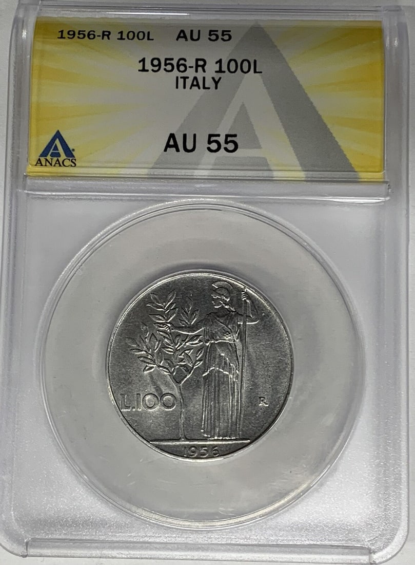 Italy 100 Lire 1956 ANACS AU 55 Certified Coin: Italy 100 Lire 1956 ANACS AU 55 Certified Coin This 1956-R Italy 100 Lire coin is certified by ANACS with a grade of AU 55. It is a pre-owned collectible coin from Italy, featuring the 100 Lire denomi