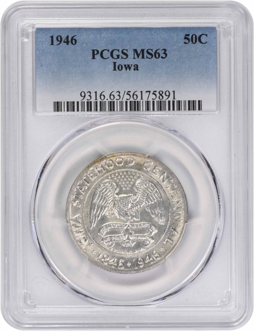 1946 Iowa Silver Half Dollar PCGS MS63 Commemorative Coin: 1946 Iowa Silver Half Dollar PCGS MS63 Commemorative Coin This is a 1946 Iowa Commemorative Silver Half Dollar, graded MS63 by PCGS. The coin is uncirculated and features a commemorative design with n