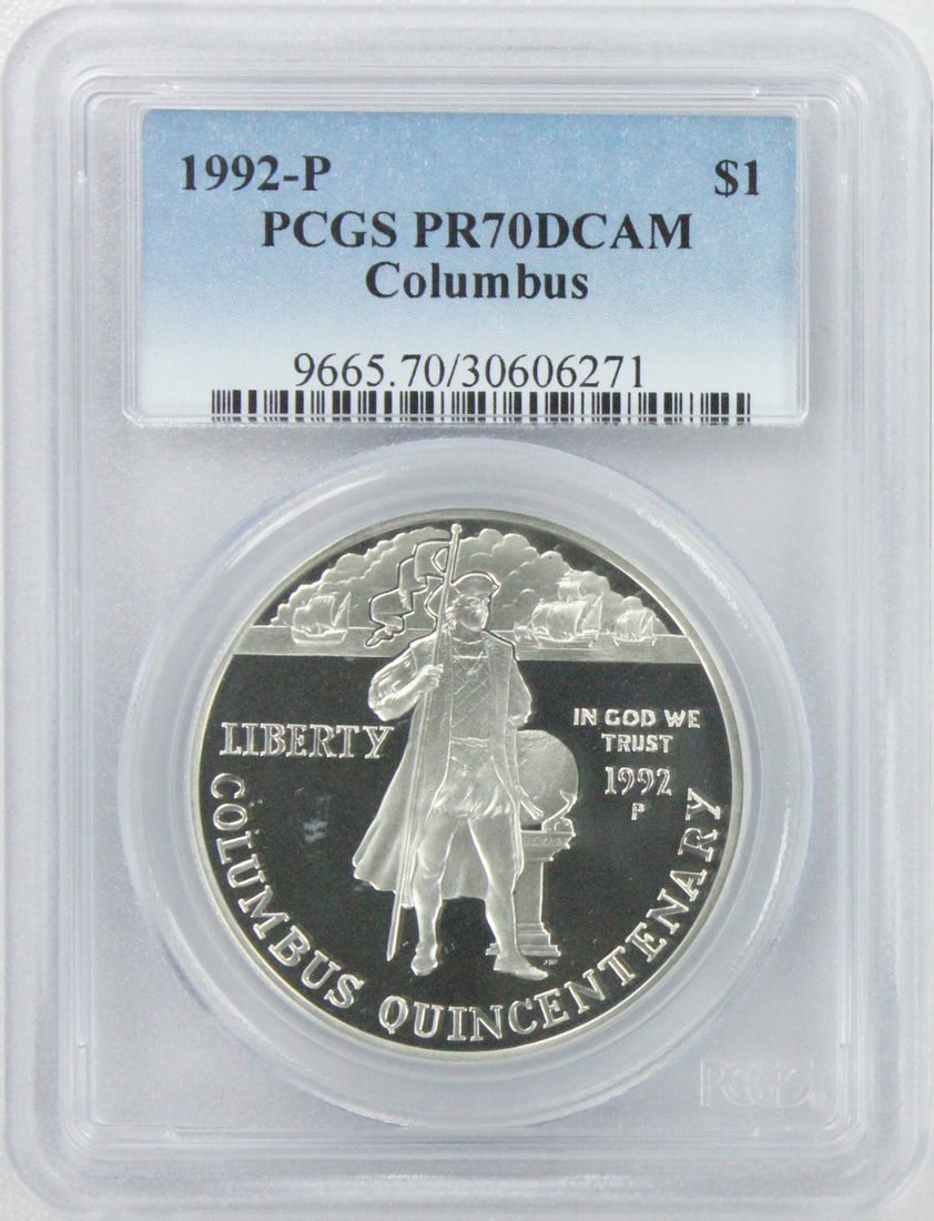 1992-P Columbus Silver Commemorative Dollar PR70DCAM PCGS Proof Coin: 1992-P Columbus Silver Commemorative Dollar PR70DCAM PCGS Proof Coin This 1992-P Columbus Silver Commemorative Dollar is a stunning piece certified by PCGS with a PR70 Deep Cameo grade, indicating its