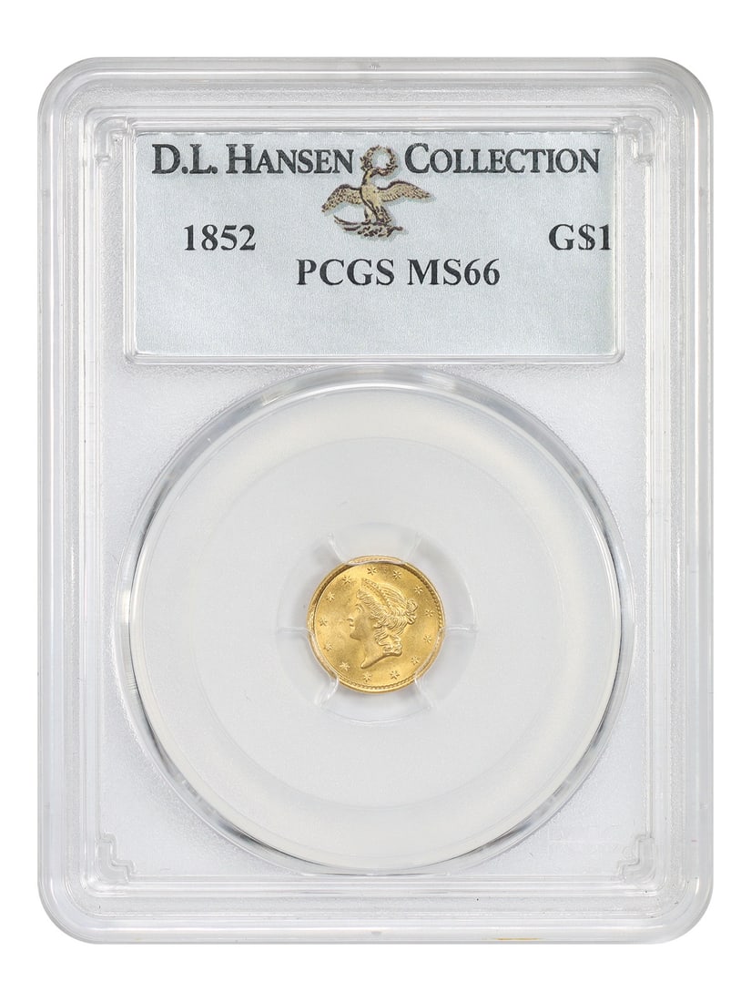 1852 Gold Dollar PCGS MS66 D L Hansen Collection Gem Uncirculated: 1852 Gold Dollar PCGS MS66 D L Hansen Collection Gem Uncirculated This 1852 Gold Dollar is graded MS66 by PCGS and originates from the Philadelphia Mint. Part of the Gold Dollar series, this uncircula