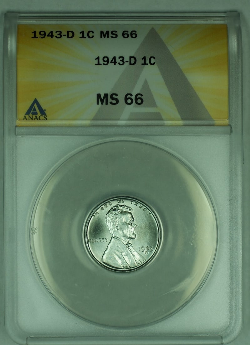 ANACS MS 66 1943-D Steel Lincoln Wheat Cent Repunched Mintmark Variety: ANACS MS 66 1943-D Steel Lincoln Wheat Cent Repunched Mintmark Variety This is a 1943-D Lincoln Steel Wheat Cent graded MS 66 by ANACS. The coin features a repunched 'D' mintmark and is composed of st
