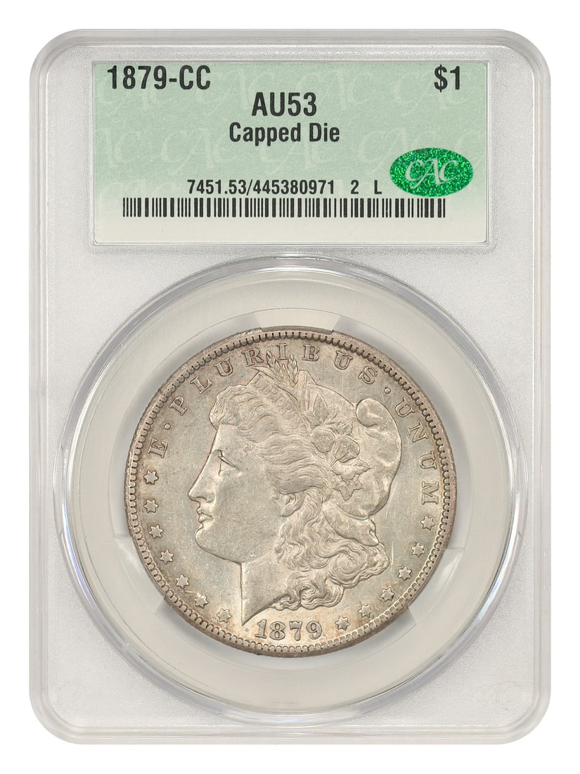 Capped Die 1879-CC Morgan Dollar CACG AU53 Key Carson City $1 Coin: Capped Die 1879-CC Morgan Dollar CACG AU53 Key Carson City $1 Coin This 1879-CC Morgan Dollar is the notable Capped Die variety, recognized for its distinct raised dimples or crustiness at the top of