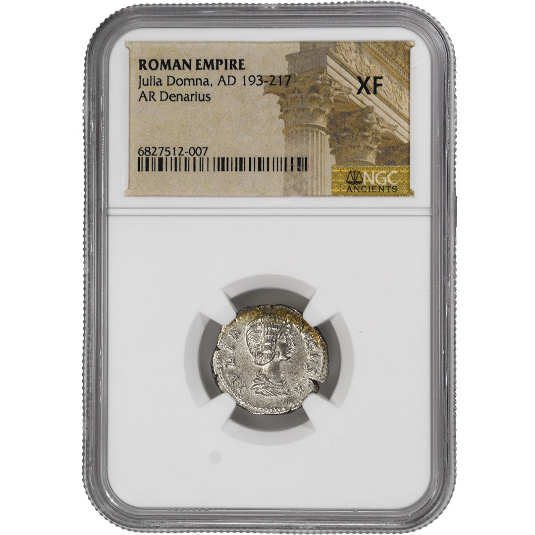 NGC Certified Julia Domna Roman Empire Denarius Silver Coin AD 193-217 XF: NGC Certified Julia Domna Roman Empire Denarius Silver Coin AD 193-217 XF This rare Roman Empire AR Denarius dates from the reign of Julia Domna, AD 193-217. Graded XF by NGC and certified with number