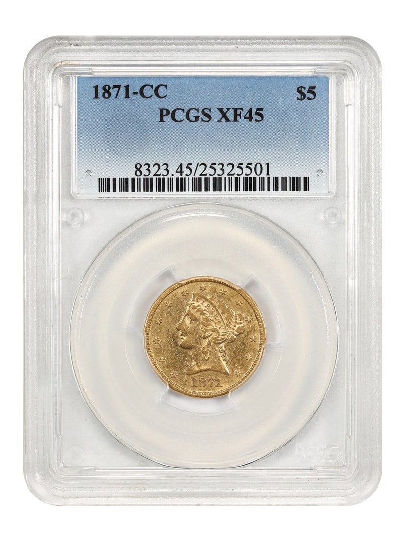 1871 Carson City Liberty Head $5 Gold Coin PCGS XF45: 1871 Carson City Liberty Head $5 Gold Coin PCGS XF45 This 1871-CC Liberty Head $5 half eagle gold coin is certified by PCGS with a grade of XF45. Minted in Carson City, it is notable for its low minta