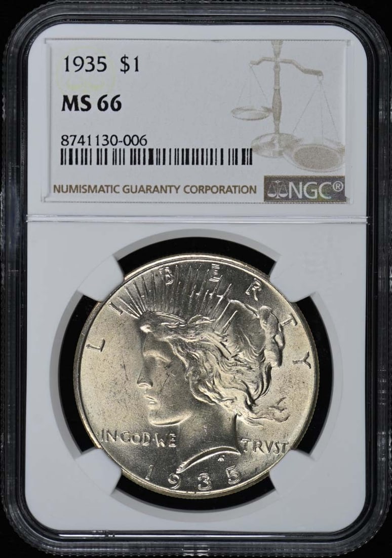 1935 Peace Dollar S$1 NGC Certified MS66 Uncirculated: 1935 Peace Dollar S$1 NGC Certified MS66 Uncirculated This 1935 Peace Dollar is graded MS66 by NGC, indicating an uncirculated condition. Struck at the Philadelphia mint, this stunning coin showcases