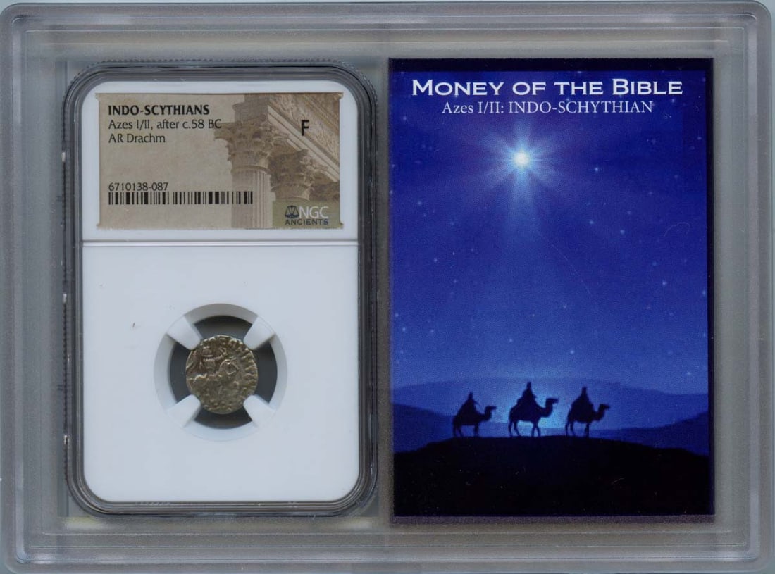 Indo-Scythian Silver Drachm Azes I or II NGC F12 Certified: Indo-Scythian Silver Drachm Azes I or II NGC F12 Certified This is an AR drachm from the Indo-Scythian period, attributed to Azes I or II and dated to after approximately 58 BC. The coin has been cert