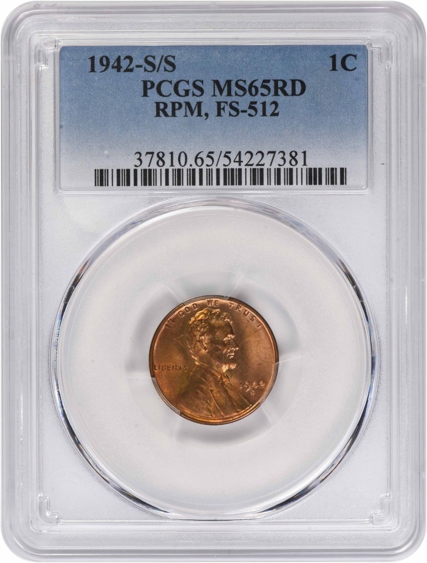 PCGS MS65 Red 1942 San Francisco Lincoln Wheat Cent RPM FS-512: PCGS MS65 Red 1942 San Francisco Lincoln Wheat Cent RPM FS-512 This 1942-S/S Lincoln Cent is a repunched mintmark (RPM) variety, graded MS65 Red by PCGS. The coin is uncirculated and composed of coppe