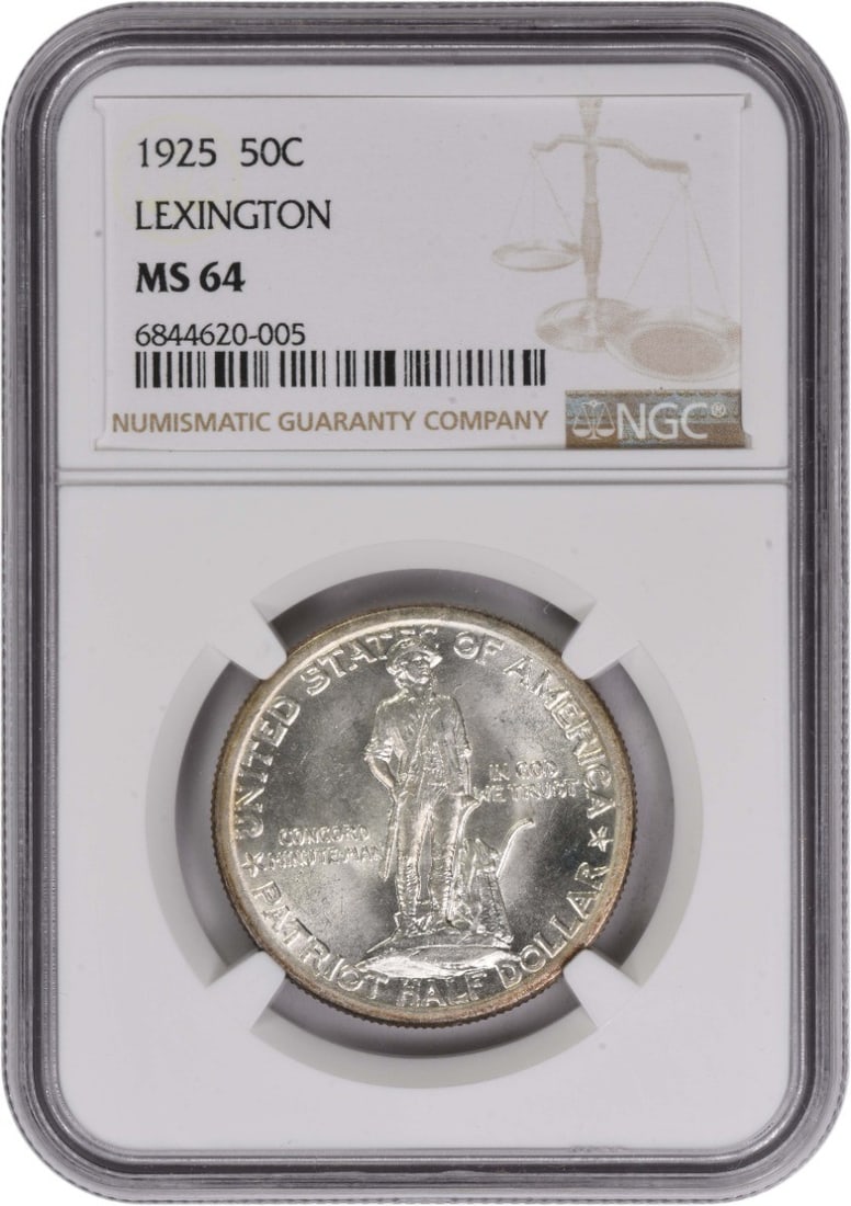 1925 Lexington Silver Half Dollar NGC MS64 Commemorative Coin: 1925 Lexington Silver Half Dollar NGC MS64 Commemorative Coin This is a 1925 Lexington Commemorative Silver Half Dollar graded MS64 by NGC. Issued to commemorate the 150th anniversary of the Battle of