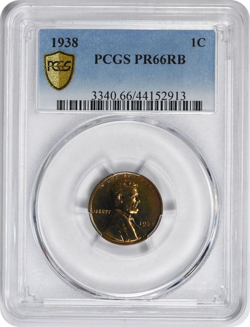 1938 Lincoln Wheat Proof Cent PR66RB Graded by PCGS: 1938 Lincoln Wheat Proof Cent PR66RB Graded by PCGS This 1938 Lincoln Wheat Cent is a proof coin graded PR66RB by PCGS. Struck at the Philadelphia Mint, it features a composition of 95% copper and 5%
