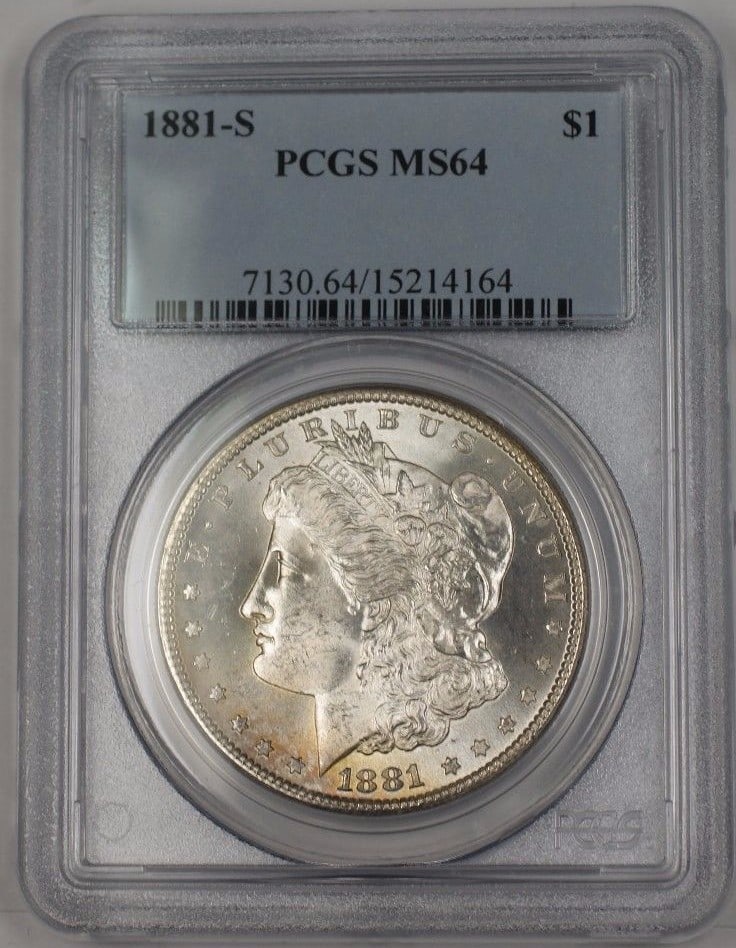 PCGS MS64 1881-S Morgan Silver Dollar San Francisco Light Tone: PCGS MS64 1881-S Morgan Silver Dollar San Francisco Light Tone This 1881-S Morgan Silver Dollar is a $1 coin from the United States, minted in San Francisco. It is composed of silver and has been cert