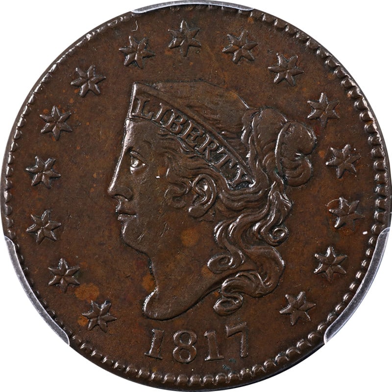 PCGS AU Details 1817 Large Cent 15 Stars N.16 R.1 Plus Copper Coin: PCGS AU Details 1817 Large Cent 15 Stars N.16 R.1 Plus Copper Coin This 1817 Large Cent features 15 stars and is certified by PCGS with a grade of AU Details. It showcases great eye appeal, exhibiting