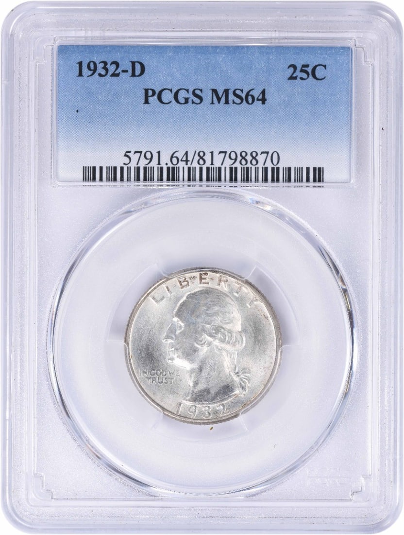 MS64 PCGS 1932 Denver Washington 25C Silver Quarter: MS64 PCGS 1932 Denver Washington 25C Silver Quarter This 1932-D Washington Quarter is composed of 90% silver and 10% copper, featuring the design by John Flanagan. Graded MS64 by PCGS, this pre-owned