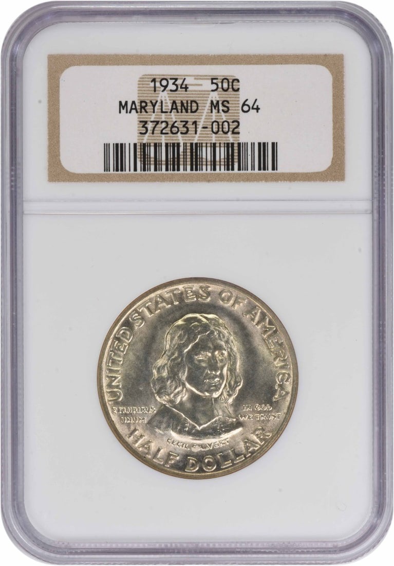1934 Maryland 90 Percent Silver Half Dollar MS64 Graded by NGC: 1934 Maryland 90 Percent Silver Half Dollar MS64 Graded by NGC This Maryland Commemorative Silver Half Dollar from 1934 is graded MS64 by NGC and remains in un-used, pre-owned condition. Struck at the